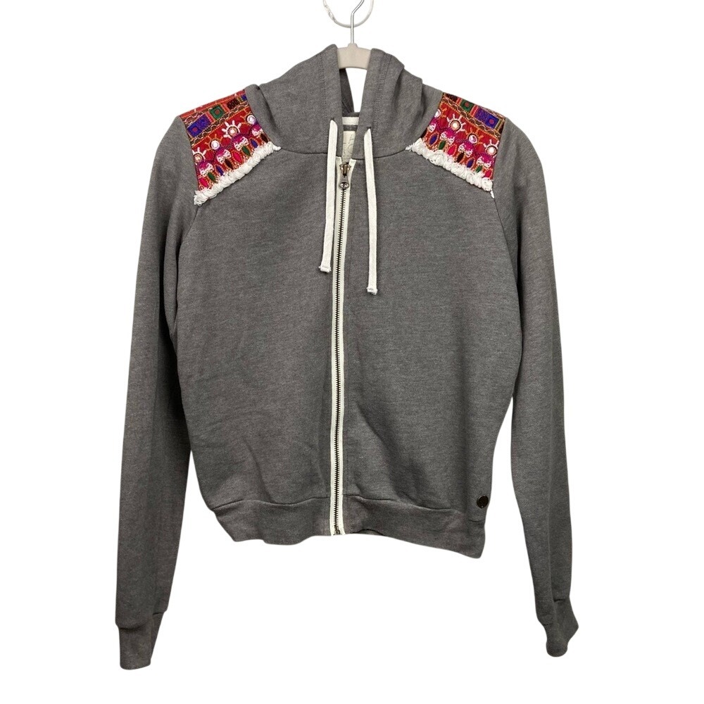 Billabong Designers Closet Gray Zip Up Hoodie Embroidered Shoulder Fringe Medium